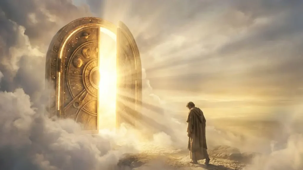 Portão do Reino de Deus se abrindo para pessoa que experimentou arrependimento verdadeiro