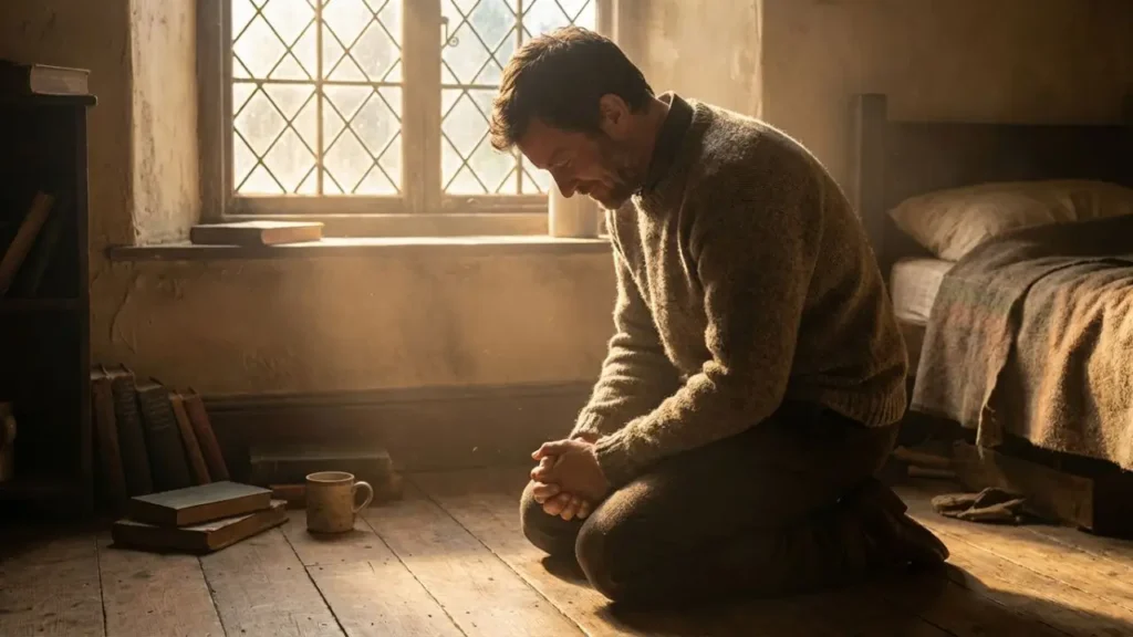 Homem em arrependimento verdadeiro orando de joelhos ao amanhecer buscando transformação espiritual