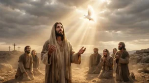 Trindade na obra da redenção Representação bíblica da Trindade na obra da redenção com Jesus Cristo ao centro após a crucificação, a luz do Pai descendo do céu e o Espírito Santo em forma de pomba iluminando os crentes.