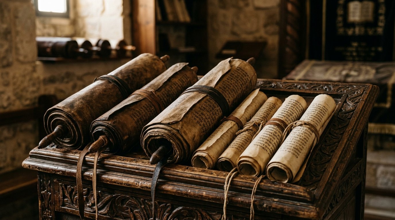 Coleção de pergaminhos e escrituras antigas organizados sobre mesa de madeira histórica