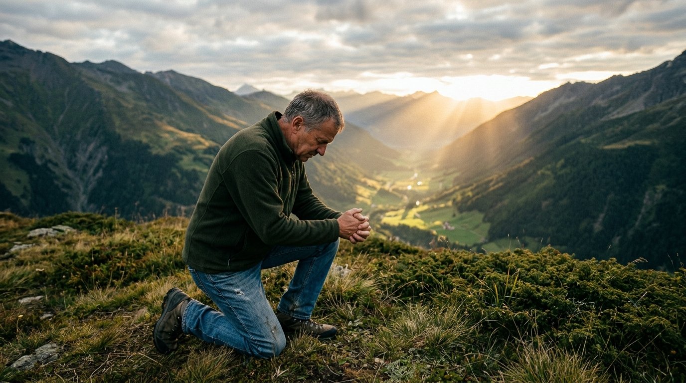 Crente ajoelhado em gratidão no topo de uma colina ao nascer do sol com raios de luz rompendo as nuvens simbolizando a graça