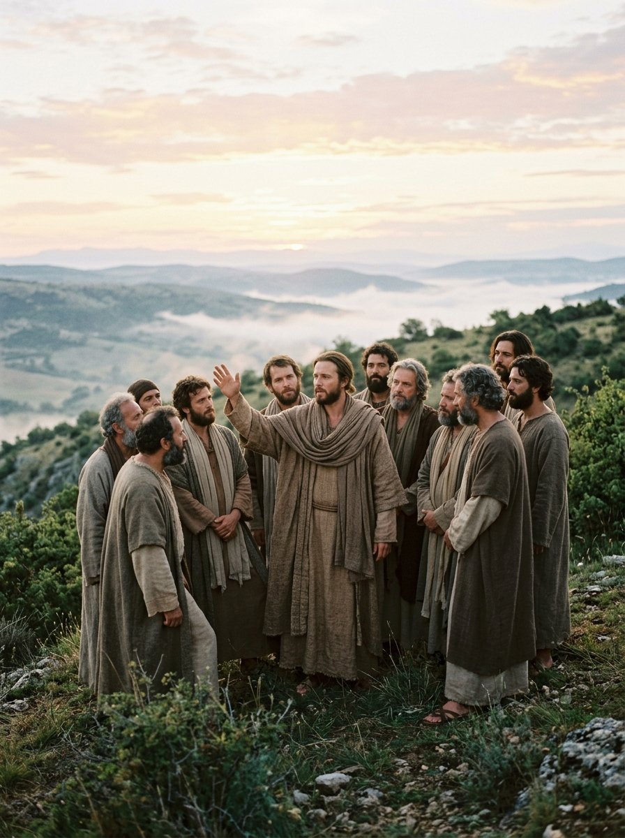 Ilustração bíblica realista de Jesus Cristo enviando Seus discípulos para a Grande Comissão em todas as nações