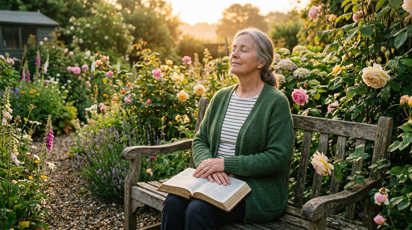 Mulher em momento de quietude em jardim florido com mãos sobre BÃblia aberta desfrutando da paz de Deus