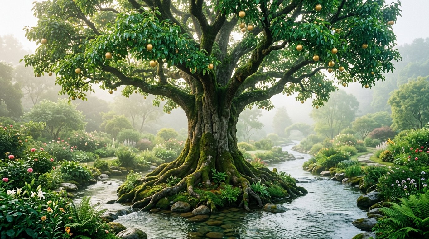 Árvore da vida majestosa no centro do Éden com rio cristalino fluindo entre suas raízes sob a luz do amanhecer