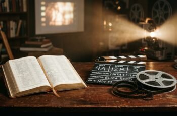 Rolo de filme cinematográfico e claquete ao lado de uma Bíblia aberta sobre mesa de madeira sob feixe suave de luz de projetor
