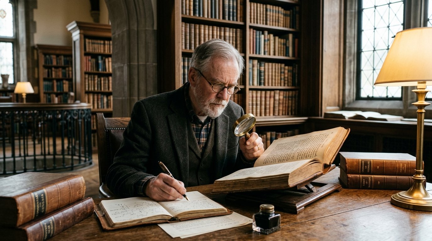 Estudante de teologia com Bíblia e livros clássicos em momento de dedicação às Escrituras