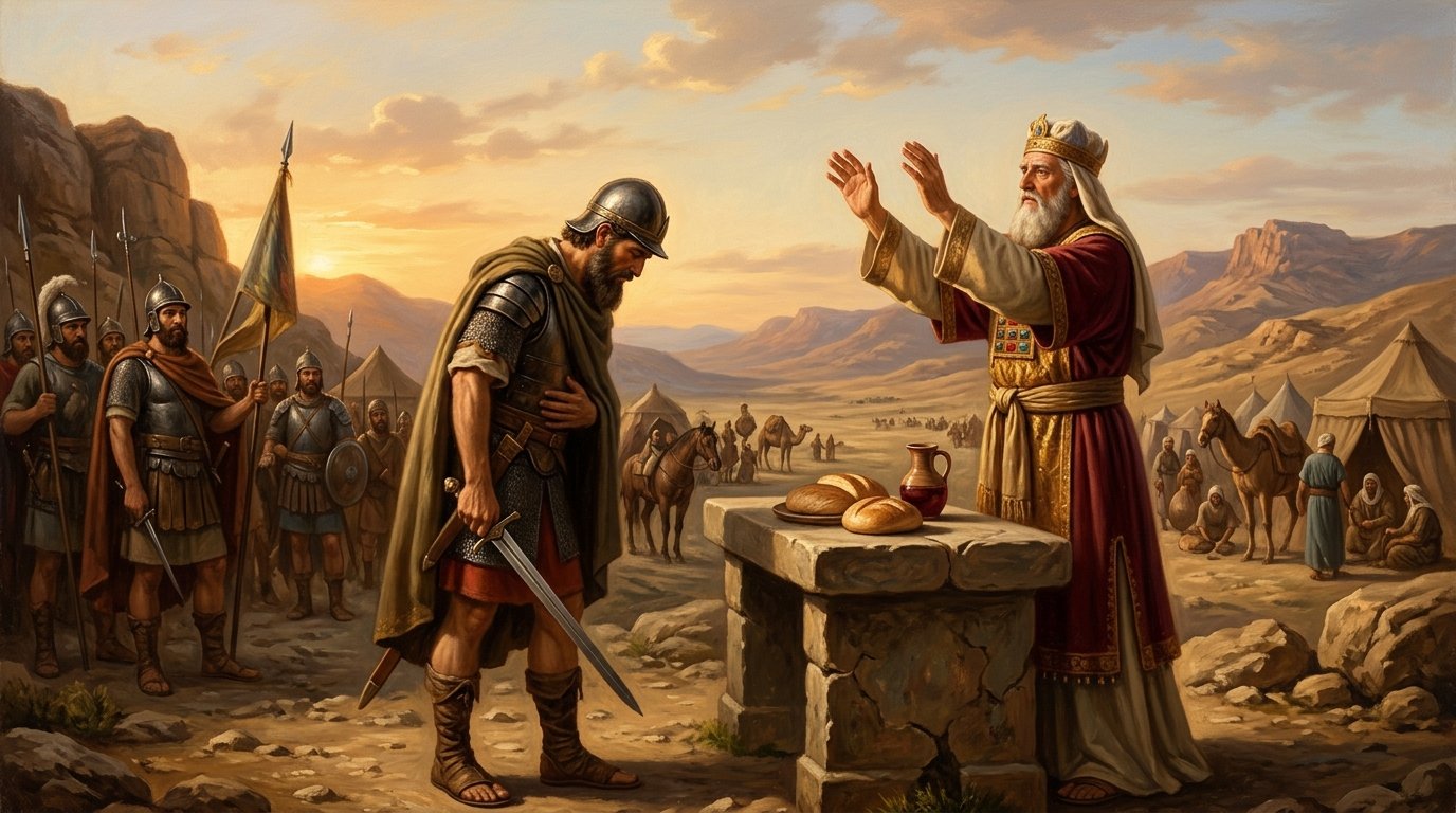 Abraão e Melquisedeque no Vale do Rei compartilhando pão e vinho sobre mesa de pedra em momento solene de bênção sacerdotal