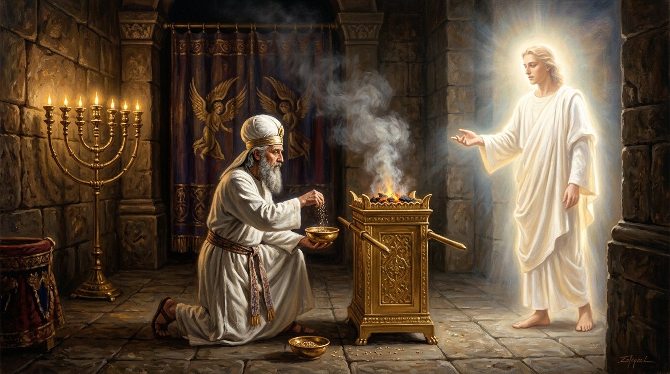 O sacerdote Zacarias diante do altar de ouro do incenso no Templo de Jerusalém quando o anjo Gabriel lhe aparece