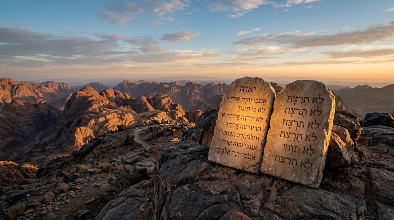 Tábuas de pedra da Lei mosaica no cimo do Monte Sinai iluminadas pela alvorada sagrada