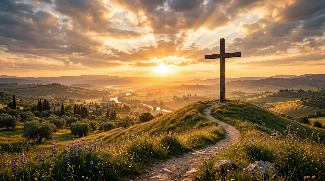 Cruz de madeira em colina serena ao amanhecer com raios de sol dourados rompendo nuvens sobre um vale tranquilo