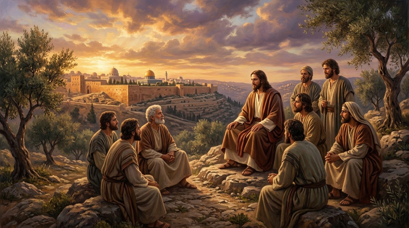 Jesus reunido com os discípulos no Monte das Oliveiras contemplando as muralhas de Jerusalém histórica ao entardecer