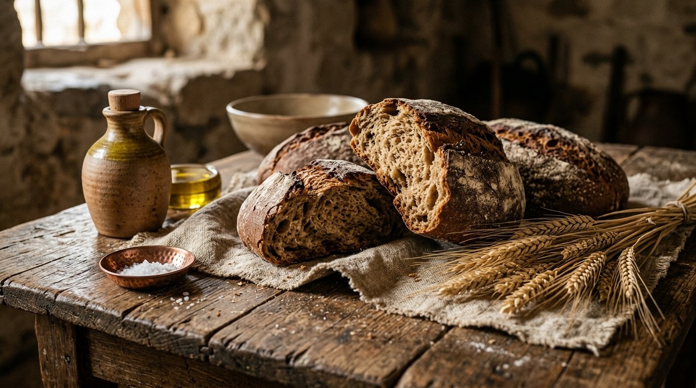 Pães rústicos de cevada partidos sobre mesa de madeira com trigo e jarro de azeite em ambiente bíblico