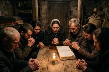 Pequeno grupo de cristãos reunido clandestinamente em sala rústica à luz de vela lendo a Bíblia e orando em união fraternal