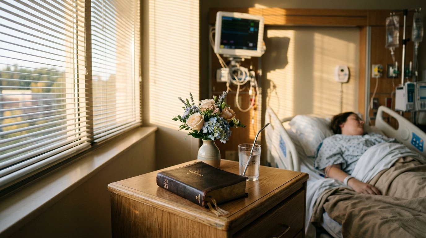 Exemplar da Bíblia Sagrada sobre a mesa de cabeceira de um quarto hospitalar ao lado de flores sob luz suave matinal