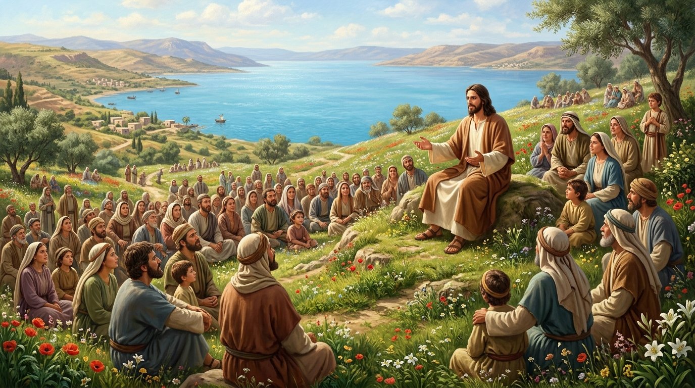 Jesus ensinando a multidão sobre a encosta florida junto ao Mar da Galileia no Sermão do Monte