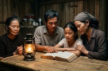 Família cristã do sudeste asiático reunida à mesa em casa de madeira compartilhando a leitura da Bíblia à luz de lamparina
