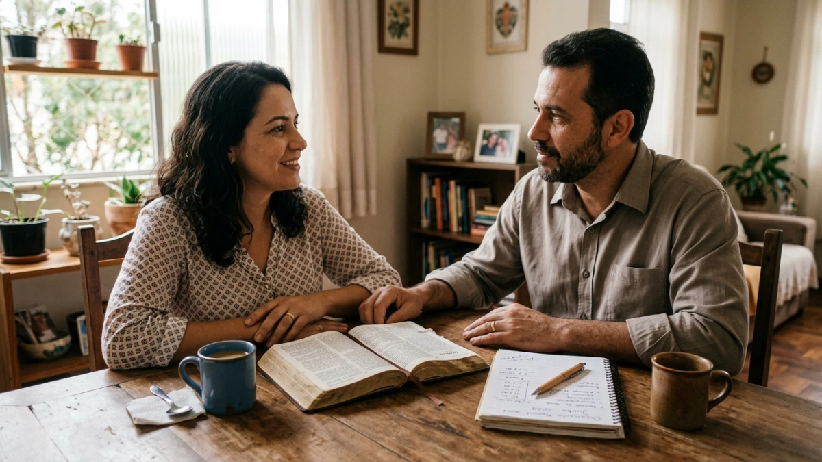 Casal em conversa tranquila à mesa com caderno de anotações e Bíblia aberta sob luz suave de janela.