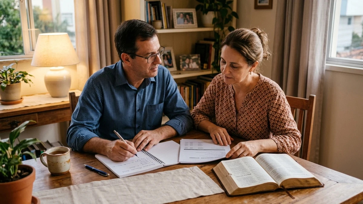 Casal cristão maduro e sereno sentado à mesa de jantar planejando as finanças e os investimentos da família com a Bíblia aberta.