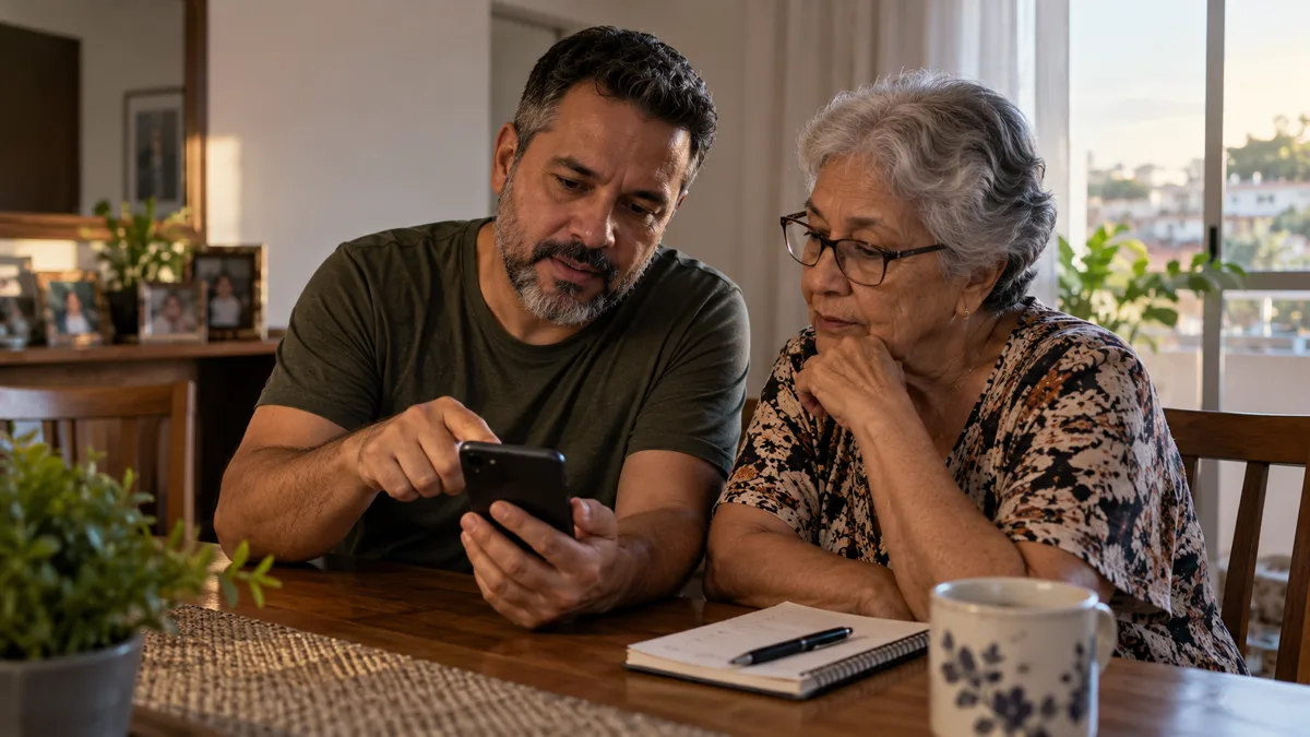Família usando o celular com prudência para evitar golpes financeiros e no Pix