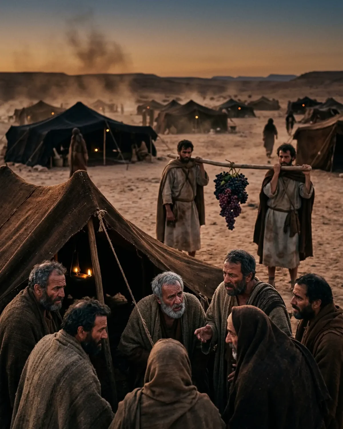 Homens hebreus reunidos em conversa solene e ansiosa no deserto após o retorno dos espias