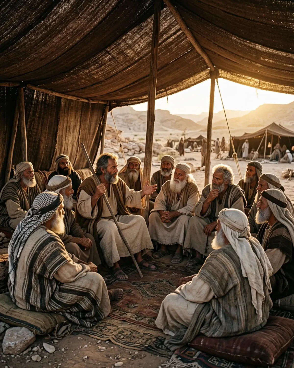 Moisés discursando e compartilhando a liderança com anciãos sábios e experimentados de Israel no deserto