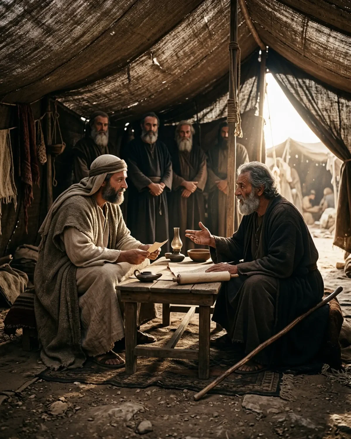 Moisés e Jetro conversando em conselho na tenda do deserto com anciãos de Israel ao fundo