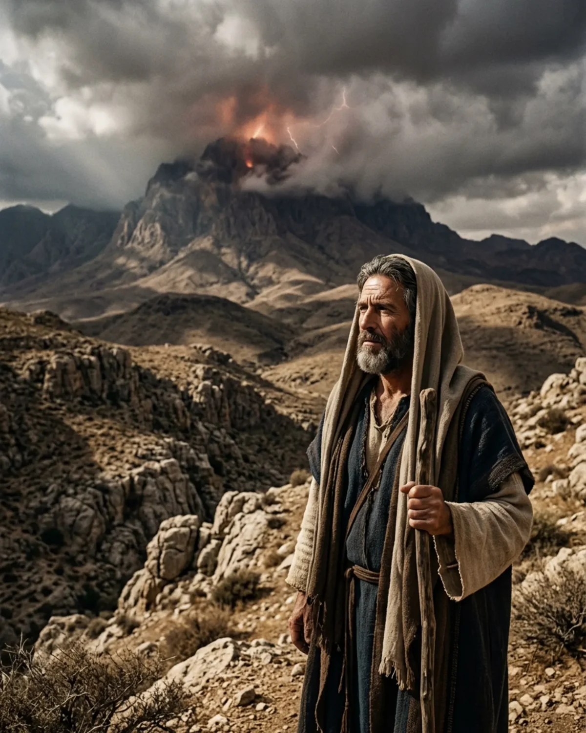 Profeta hebreu em vestes de época contemplando o Monte Sinai sob nuvens densas e resplendor celeste com reverência solene ao Deus santo