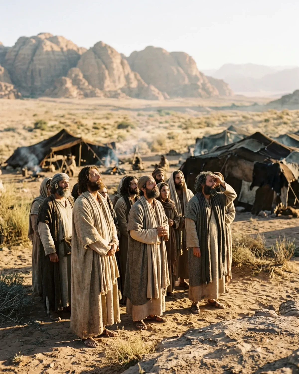 Grupo de israelitas fiéis em vestes de linho permanecendo firmes e apegados a Deus no acampamento do deserto