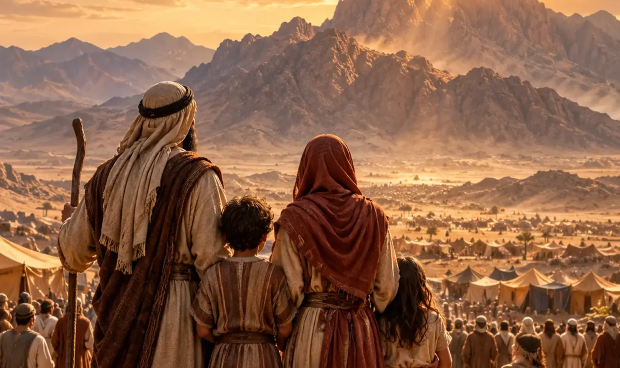 Ilustração editorial de uma família israelita diante do monte ao amanhecer, ouvindo o chamado de Deus à obediência.