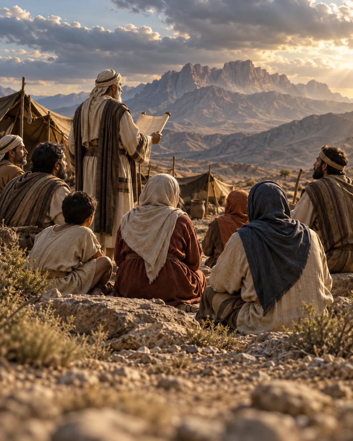 Comunidade israelita reunida perto de um acampamento ouve a leitura de um rolo diante das montanhas.