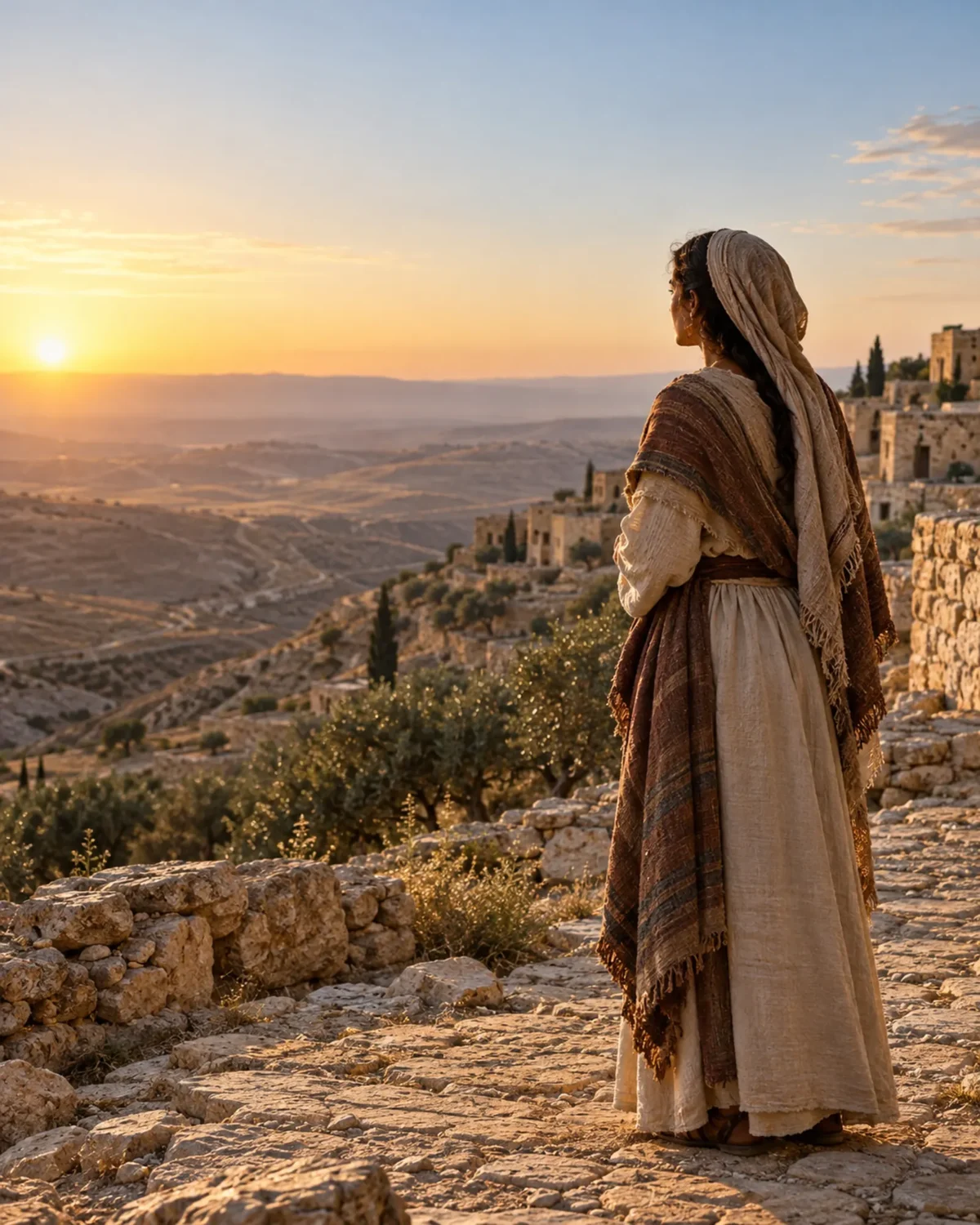 Mulher em vestes antigas contempla a paisagem montanhosa junto a uma aldeia de pedra ao amanhecer.