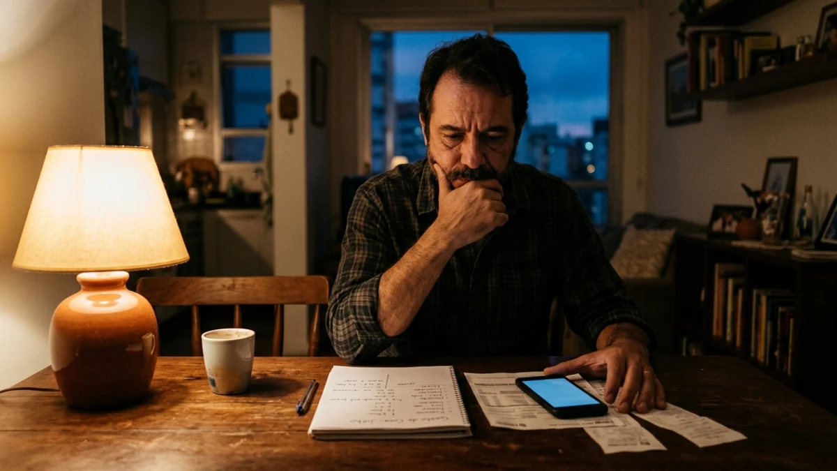 Homem brasileiro reflexivo sentado à mesa de jantar à noite com contas da casa, caderno de anotações e celular, ponderando sobre decisões financeiras e família.
